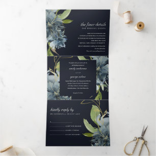 INVITATION TROIS VOLETS MARINE BLUE VERT OR FLORAL MARIAGE D'EAU