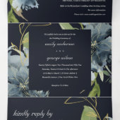 INVITATION TROIS VOLETS MARINE BLUE VERT OR FLORAL MARIAGE D'EAU (Intérieur au milieu)