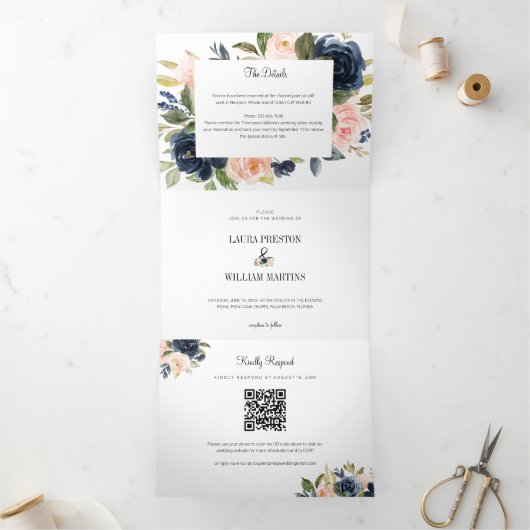 Invitation Trois Volets Marine Blush rose Mariage floral photo RSVP QR Cod (Intérieur)