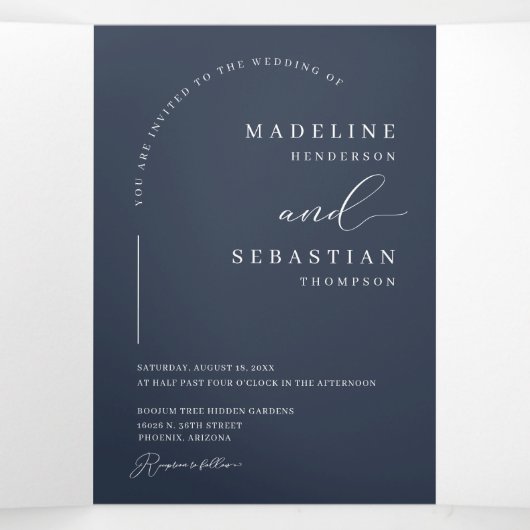 Invitation Trois Volets Marine moderne Blue Boho Arch Photo QR Code Mariag (Intérieur au milieu)