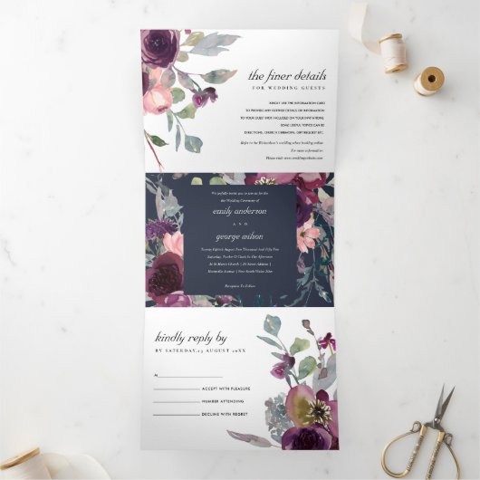 INVITATION TROIS VOLETS MARINE SAUVAGE PURPLE LILAC MARIAGE DE COULEUR D'E (Intérieur)