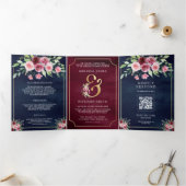 Invitation Trois Volets Marsala rose Floral Ampersand Navy QR Code Mariage (Intérieur)