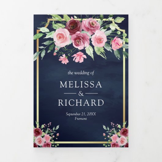 Invitation Trois Volets Marsala rose Floral Ampersand Navy QR Code Mariage (Page de couverture)