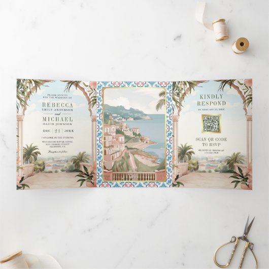 Invitation Trois Volets Méditerranéen Italien Côte Amalfi QR Code Mariage (Intérieur)