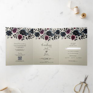 Invitation Trois Volets Midnight Blue Bourgogne Inky Floral Almond Mariage