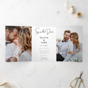 Invitation Trois Volets Minimal et chic Mariage Photo Enregistrer La Dat
