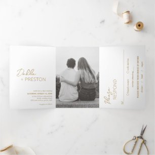 Invitation Trois Volets Minimal Gold Photo Mariage moderne