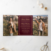 Invitation Trois Volets Minimalist Photo Burgundy Gold QR Code Wedding (Intérieur)