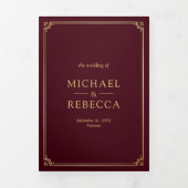 Invitation Trois Volets Minimalist Photo Burgundy Gold QR Code Wedding (Page de couverture)