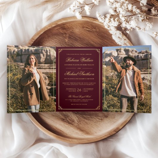 Invitation Trois Volets Minimalist Photo Burgundy Gold QR Code Wedding