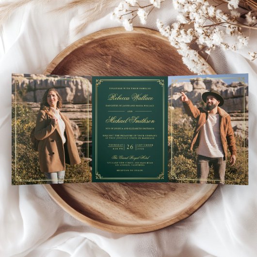 Invitation Trois Volets Minimalist Photo Emerald Gold QR Code Wedding