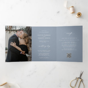 Invitation Trois Volets Minimaliste 2 photo RSVP QR mariage bleu poussiére