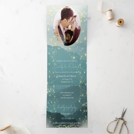 Invitation Trois Volets Mint Green Ash Mountain Hillside Mariage (Intérieur)