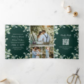 Invitation Trois Volets Modern Eucalyptus Emerald Green QR Code Wedding (Intérieur)