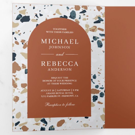 Invitation Trois Volets Moderne Terrazzo Terracotta Arch QR Code Mariage (Intérieur en premier)