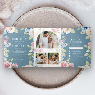 Invitation Trois Volets Moelleux ressort Floral Dusty Mariage bleu