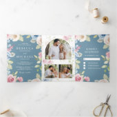 Invitation Trois Volets Moelleux ressort Floral Dusty Mariage bleu (Intérieur)