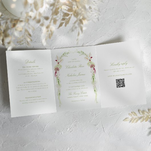 Invitation Trois Volets Monogramme à fleurs en cascade pour mariage tout-e
