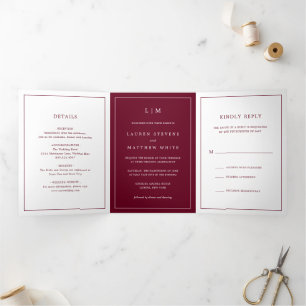Invitation Trois Volets Monogramme bordeaux simple Mariage élégant