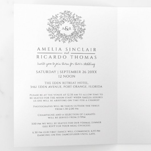 Invitation Trois Volets Monogramme gris feuille mariage tout-en-un (Intérieur en premier)