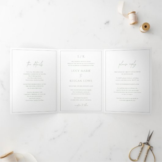 Invitation Trois Volets Monogramme intemporel Sage Vert Élégant Mariage (Intérieur)