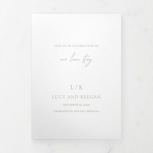 Invitation Trois Volets Monogramme intemporel Sage Vert Élégant Mariage (Page de couverture)