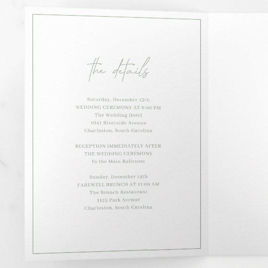 Invitation Trois Volets Monogramme intemporel Sage Vert Élégant Mariage (Intérieur en premier)