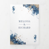Invitation Trois Volets Monogramme marine marine Ampersand QR Code Mariage (Page de couverture)