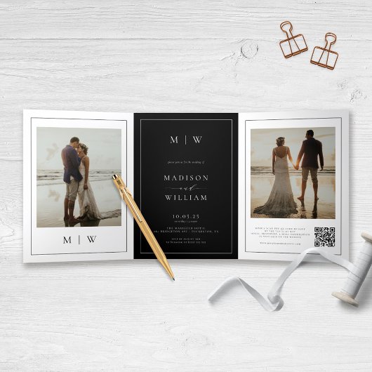 Invitation Trois Volets Monogramme moderne Mariage noir et blanc