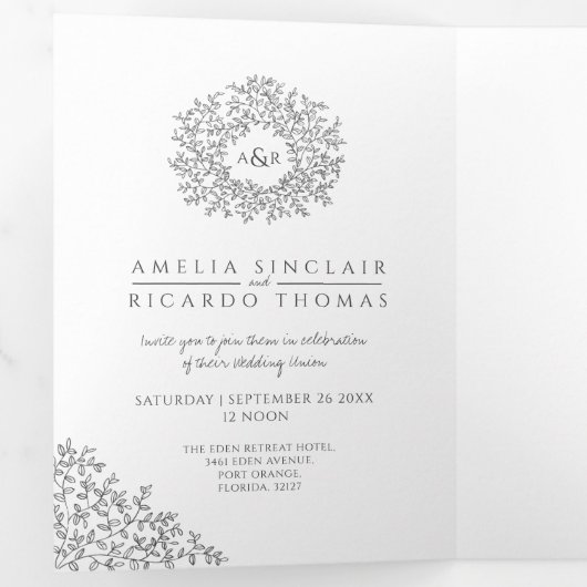 Invitation Trois Volets Monogramme mono feuille mariage tout-en-un (Intérieur en premier)