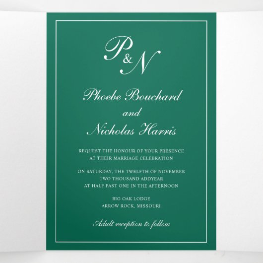 Invitation Trois Volets Monogramme Photo officielle Emerald Mariage vert (Intérieur au milieu)