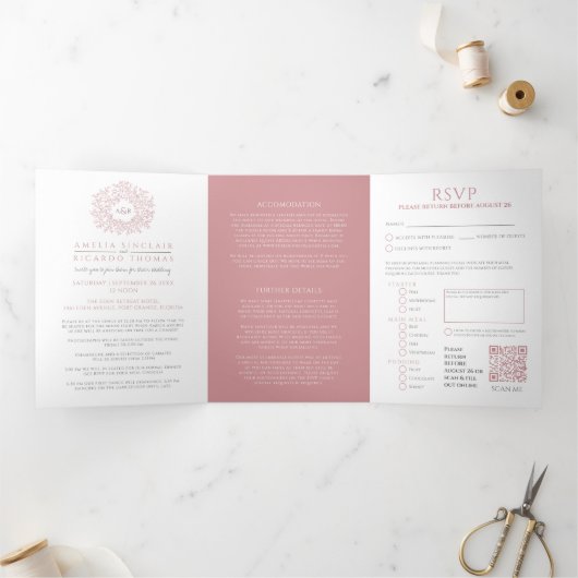 Invitation Trois Volets Monogramme rose poussiéreux feuille mariage tout-e (Intérieur)