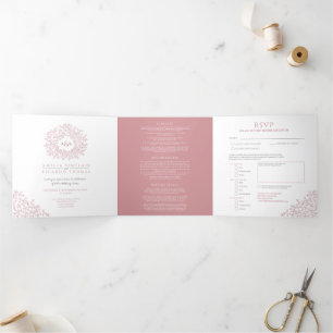 Invitation Trois Volets Monogramme rose poussiéreux feuille mariage tout-e