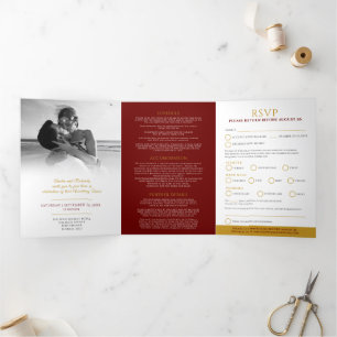 Invitation Trois Volets Monogramme rouge foncé feuille d'or mariage option