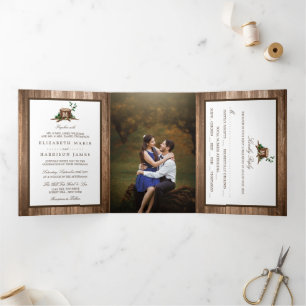 Invitation Trois Volets Monogramme rustique Country & Suite Mariage bois