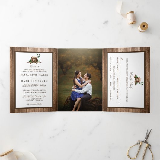Invitation Trois Volets Monogramme rustique Country & Suite Mariage bois (Intérieur)