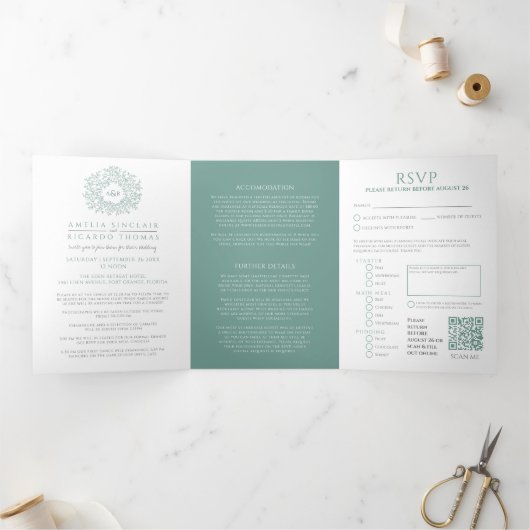 Invitation Trois Volets Monogramme sauge feuille mariage tout-en-un (Intérieur)
