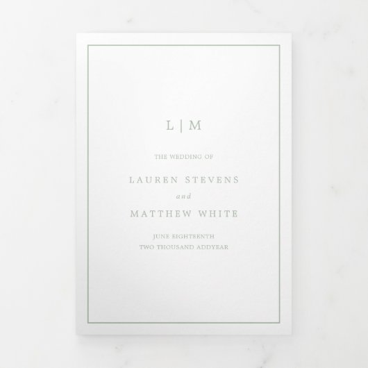 Invitation Trois Volets Monogramme Vert Sage Simple Mariage élégant (Page de couverture)