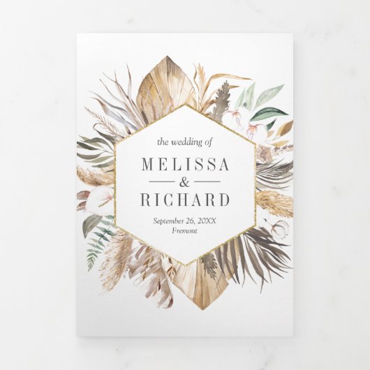 Invitation Trois Volets Monstera Boho Pampas All in One QR Code Mariage (Page de couverture)