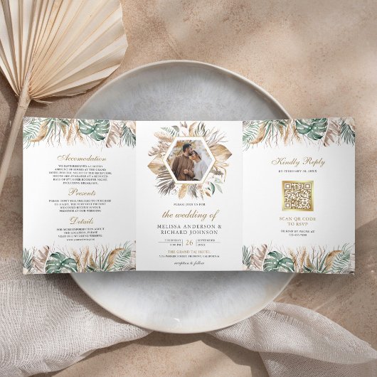 Invitation Trois Volets Monstera Boho Pampas All in One QR Code Mariage