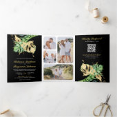 Invitation Trois Volets Monstera d'or Palme Tropicale Noir QR Code Mariage (Intérieur)