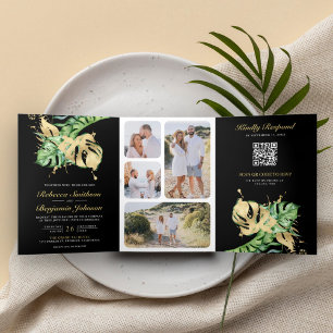 Invitation Trois Volets Monstera d'or Palme Tropicale Noir QR Code Mariage