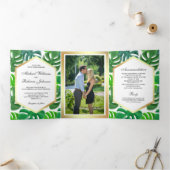 Invitation Trois Volets Monstera Hexagon vert et blanc Mariage tropical (Intérieur)