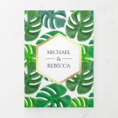 Invitation Trois Volets Monstera Hexagon vert et blanc Mariage tropical (Page de couverture)