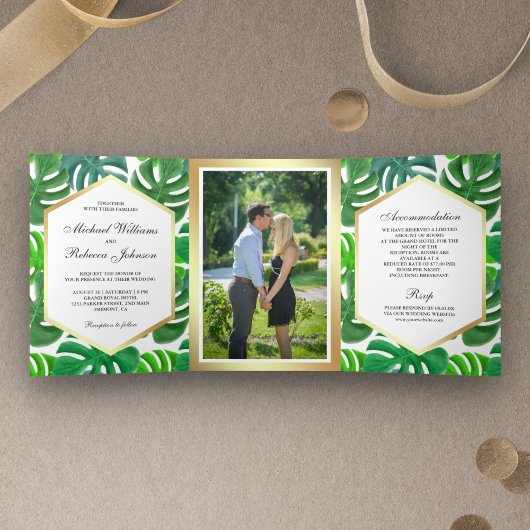Invitation Trois Volets Monstera Hexagon vert et blanc Mariage tropical