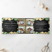 Invitation Trois Volets Monstera Palm Mariage noir à huile verte et or (Intérieur)