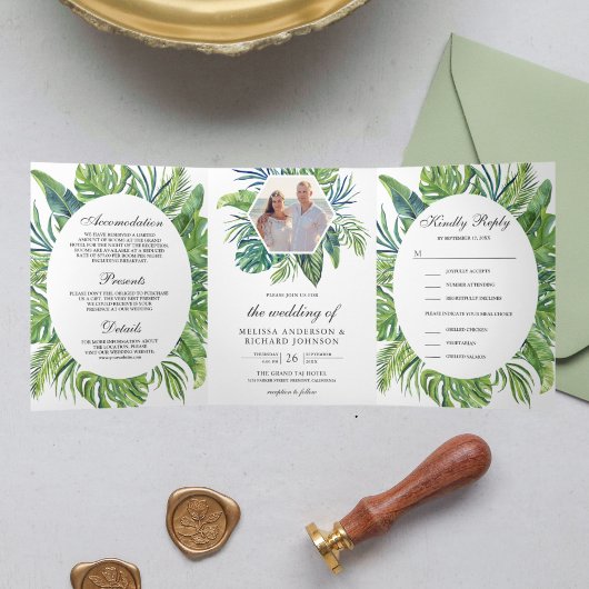 Invitation Trois Volets Monstera Tropical Palm Feuilles tous en un Mariage