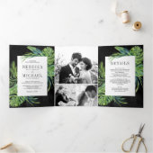 Invitation Trois Volets Monstera Tropical Palm Photo Collage Mariage noir (Intérieur)