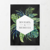 Invitation Trois Volets Monstera Tropical Palm Photo Collage Mariage noir (Page de couverture)