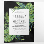 Invitation Trois Volets Monstera Tropical Palm Photo Collage Mariage noir (Intérieur en premier)